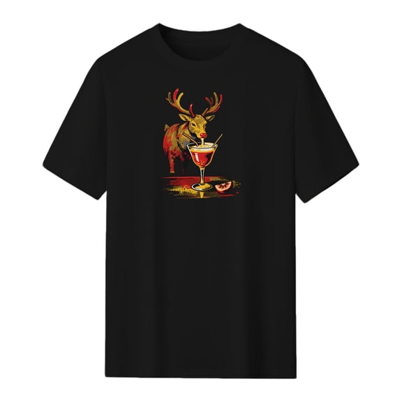 LNFAUEAPRINT Crafty Reindeer Sipping Eggnog Christmas Graphic Tee, Black