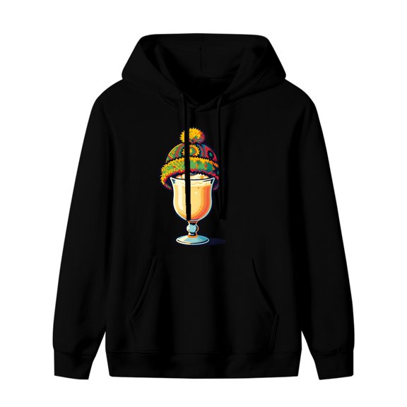 LNFAUEAPRINT Creamy Eggnog with Colorful Winter Hat Graphic Hoodie, Black