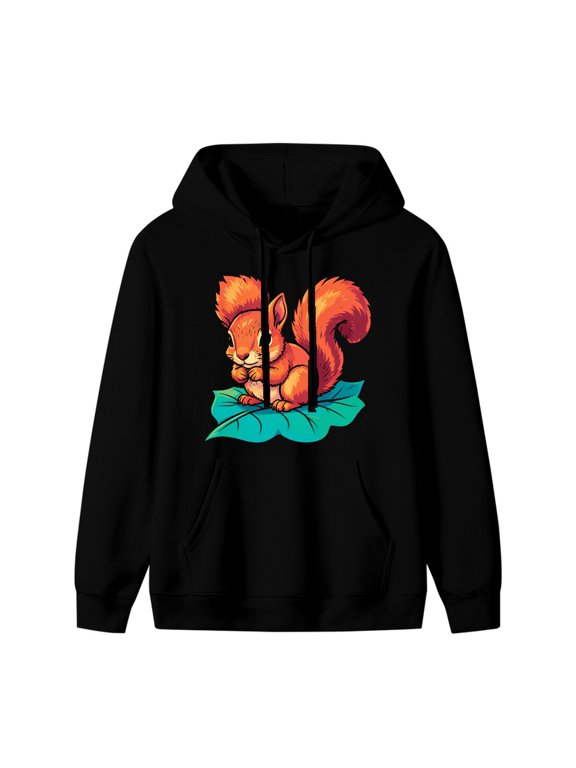 Cute Cartoon Squirrel Graphic Hoodie, Black Unisex Pullover
