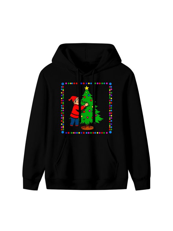 Elf Decorating Christmas Tree Graphic Hoodie, Black