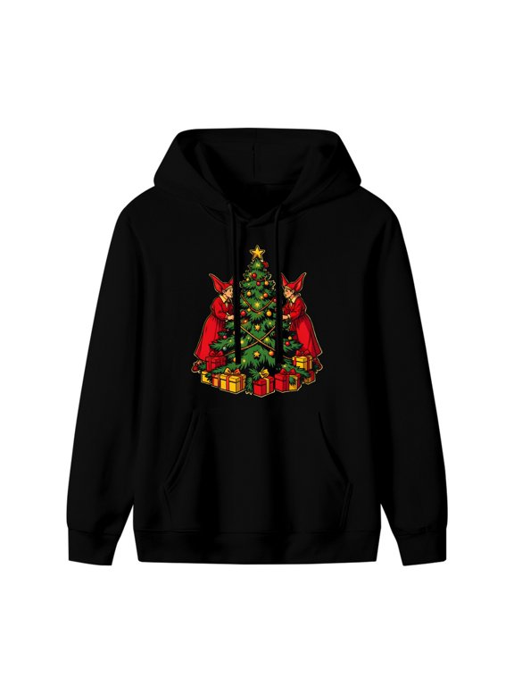 Elf Decorating Christmas Tree Graphic Hoodie, Black