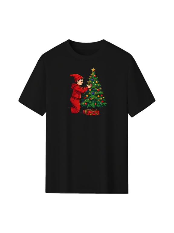 Elf Decorating Christmas Tree Graphic T-Shirt, Black Unisex