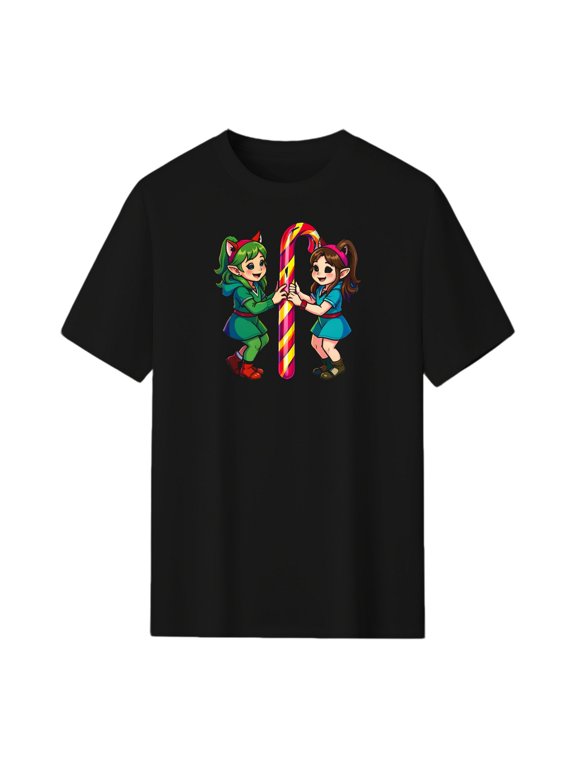 Elf Elves Decorating Candy Cane Christmas Graphic Tee, Black