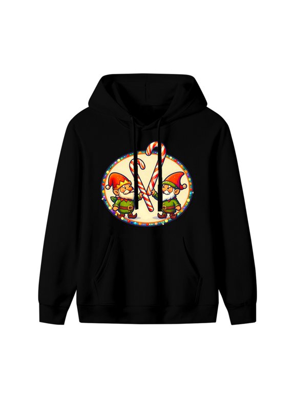 Elf Elves Sharing Giant Candy Cane Graphic Hoodie, Black