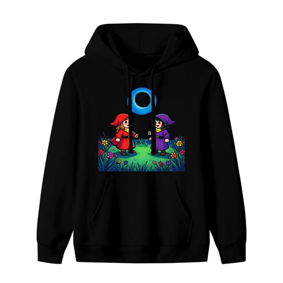 LNFAUEAPRINT Elf Friends Moonlit Meadow Graphic Hoodie, Black