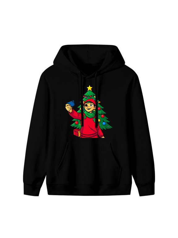 Elf Selfie Under Christmas Tree Graphic Hoodie, Black