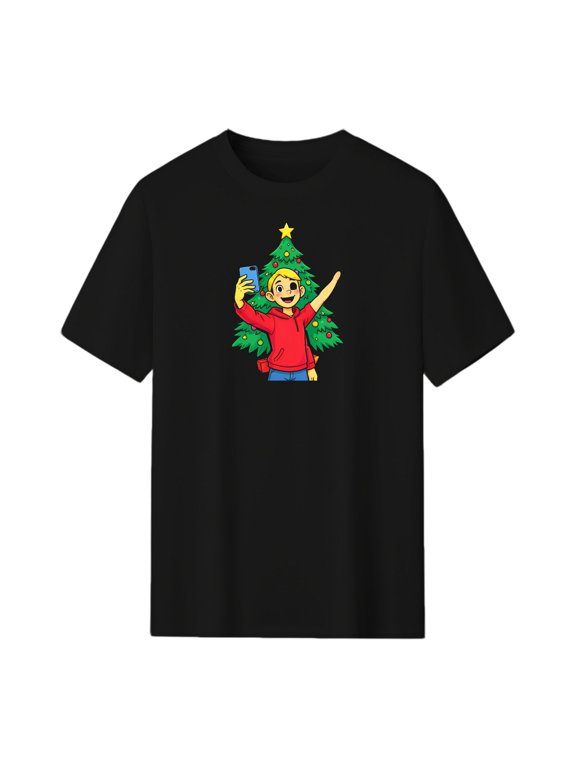 Elf Selfie in Front of Christmas Tree Graphic Tee, Black