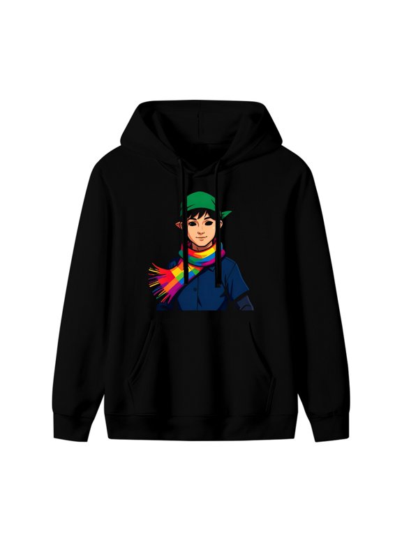 Elf with Rainbow Scarf Christmas Graphic Hoodie, Black