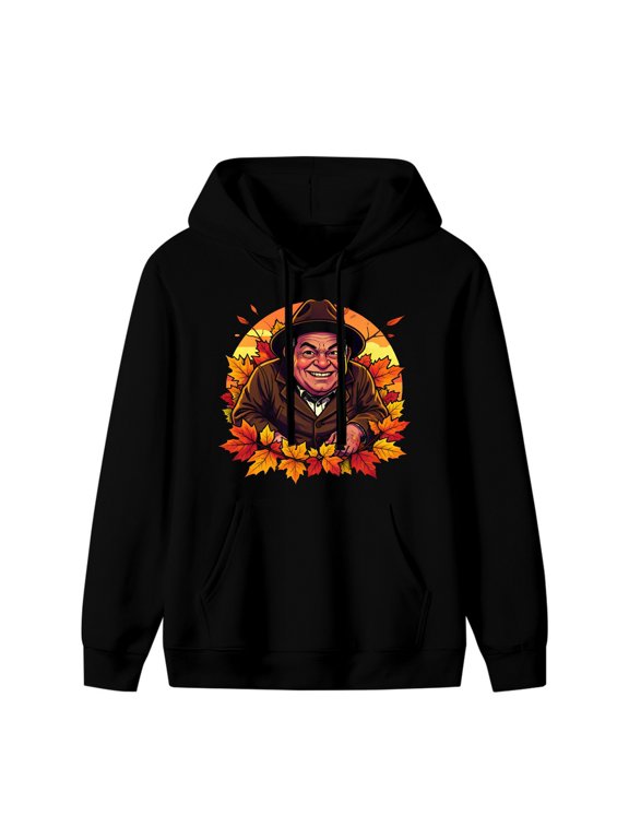 Fall Leaves and Smiling Man Thanksgiving Graphic Hoodie, Black