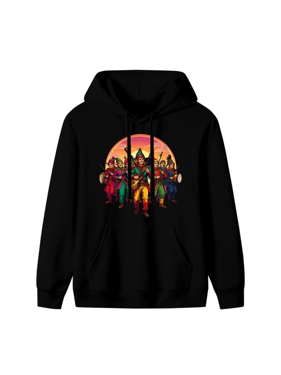 Festive Elf Band Graphic Hoodie, Black Unisex Pullover
