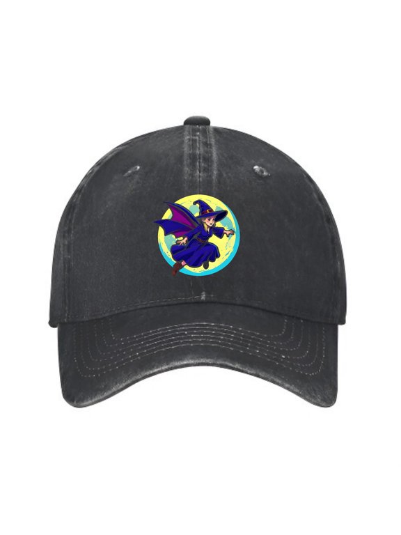 Flying Witch Over Full Moon Baseball Cap, Adjustable Dad Hat