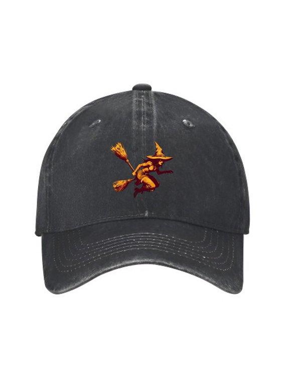 Flying Witch Over Haunted Baseball Cap, Washed Cotton Dad Hat