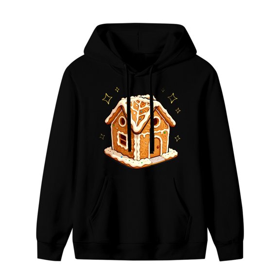 LNFAUEAPRINT Gingerbread House Christmas Graphic Hoodie, Black