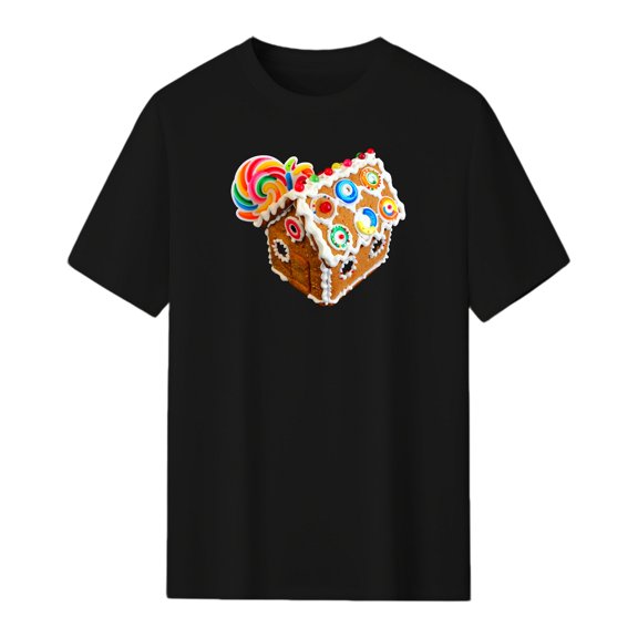 LNFAUEAPRINT Gingerbread House Christmas Graphic Tee, Black Unisex T-Shirt