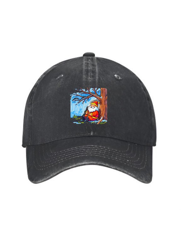 Gnome Under Snowy Tree Baseball Cap, Washed Cotton Dad Hat