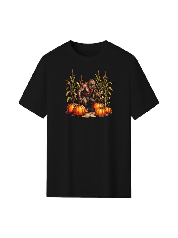 Goblin in Cornfield with Pumpkins Halloween Graphic Tee, Black