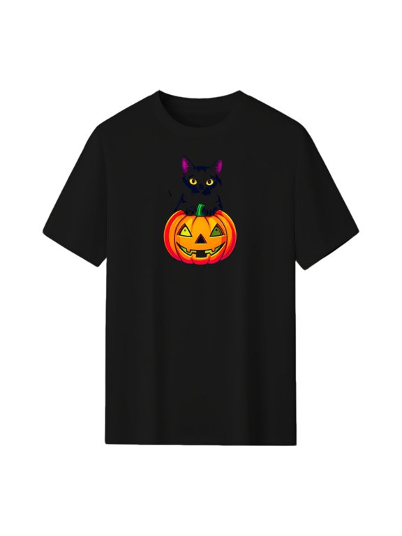 Halloween Black Cat Jack-O'-Lantern Graphic Tee, Black