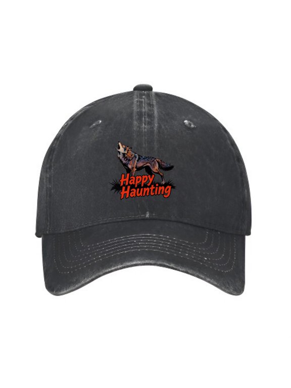 Happy Haunting Howling Wolf Baseball Cap, Adjustable Dad Hat