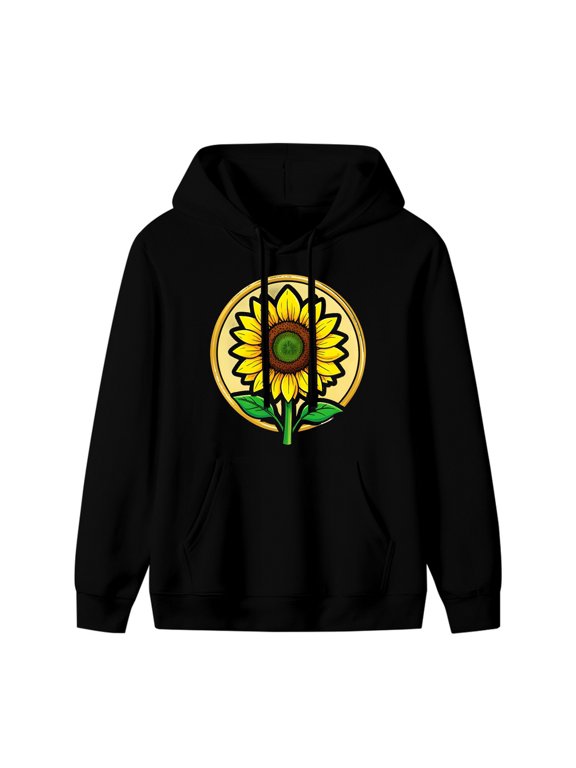 Happy Sunflower Graphic Hoodie, Black Unisex Pullover