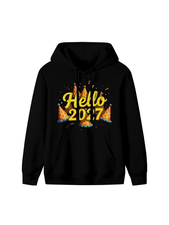 Hello 2027 Graphic Hoodie, Black Unisex Pullover Sweatshirt