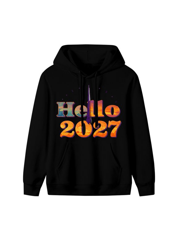 Hello 2027 - Midnight Clock New Year Graphic Hoodie, Black