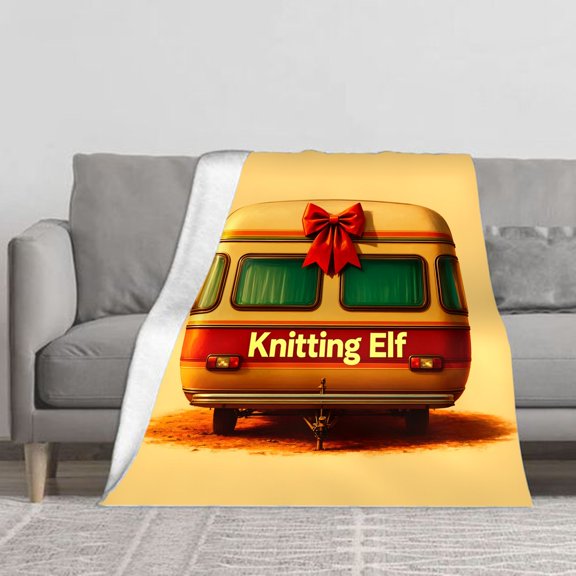 LNFAUEAPRINT Knitting Elf Vintage Camper Christmas Fleece Throw Blanket