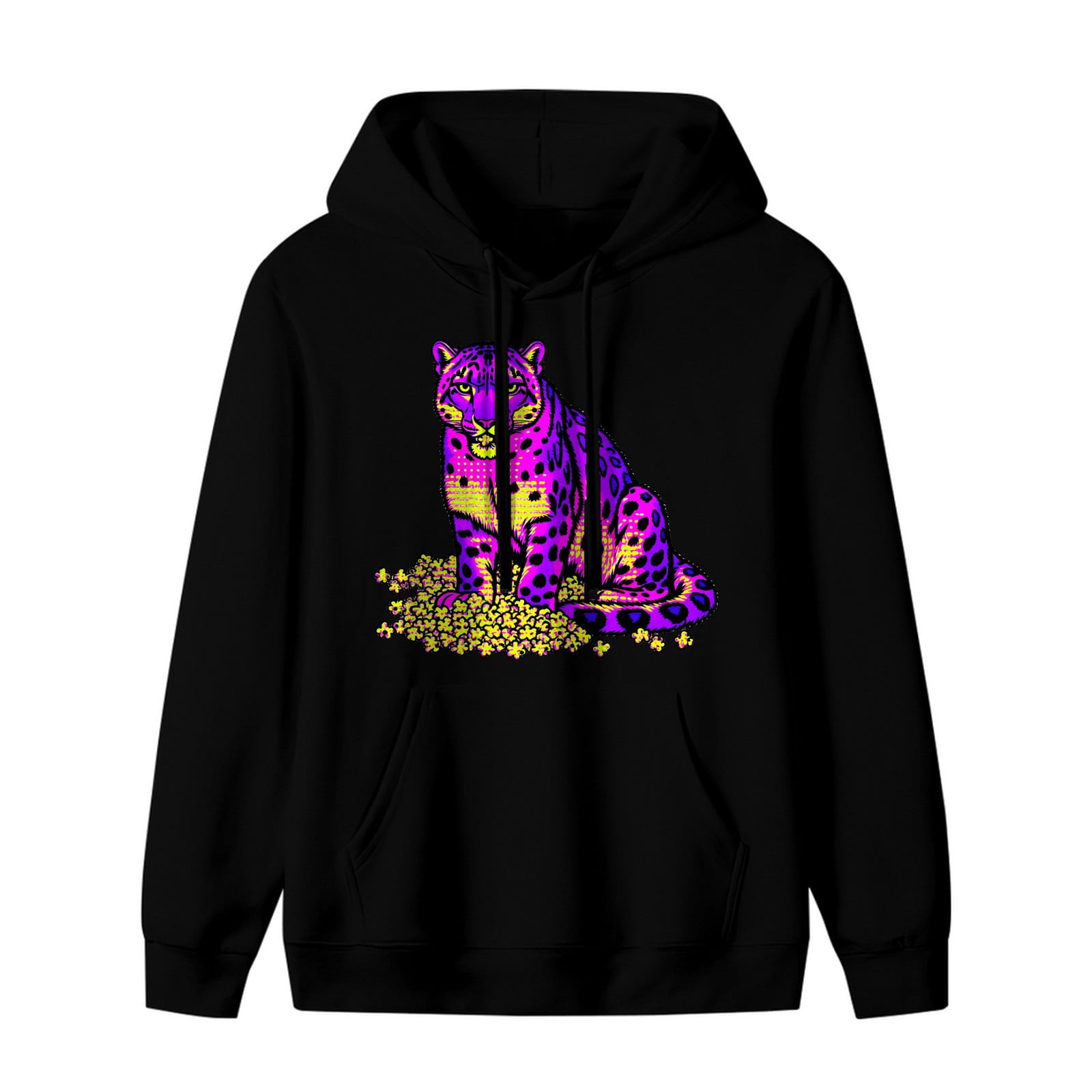 LNFAUEAPRINT Neon Purple Snow Leopard New Year Graphic Hoodie, Black ...