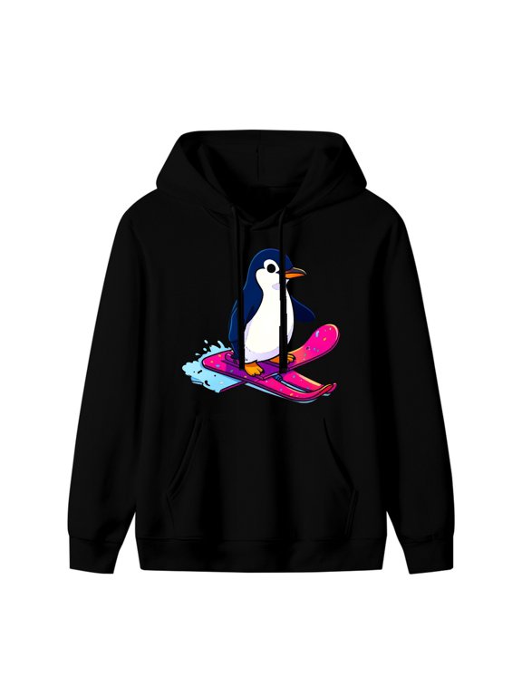 Penguin Skiing Snowboard Graphic Hoodie, Black Unisex Pullover