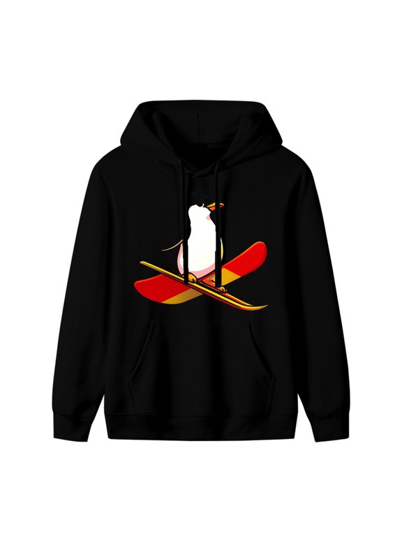 Penguin Skiing Snowboard Graphic Hoodie, Black Unisex Pullover