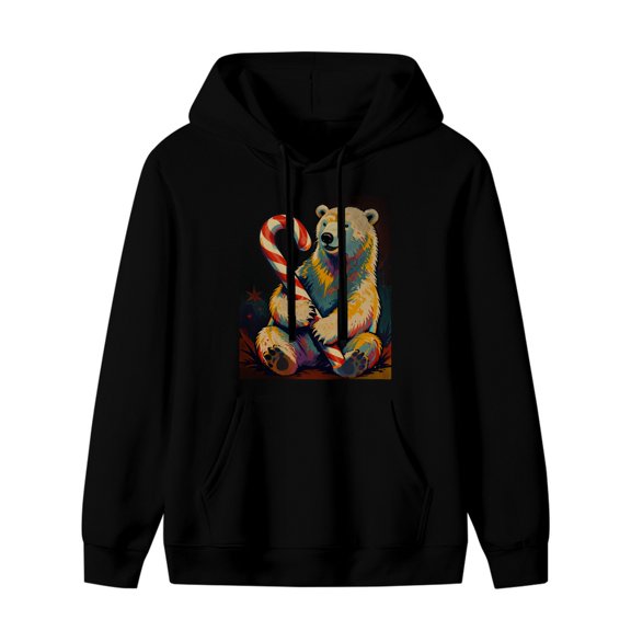 LNFAUEAPRINT Polar Bear Hugging Candy Cane Christmas Graphic Hoodie, Black