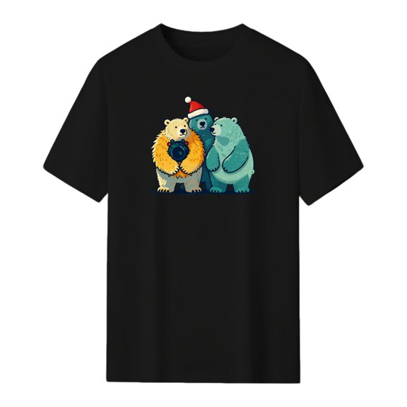 LNFAUEAPRINT Polar Bears Hugging Santa Hat Christmas Graphic Tee, Black