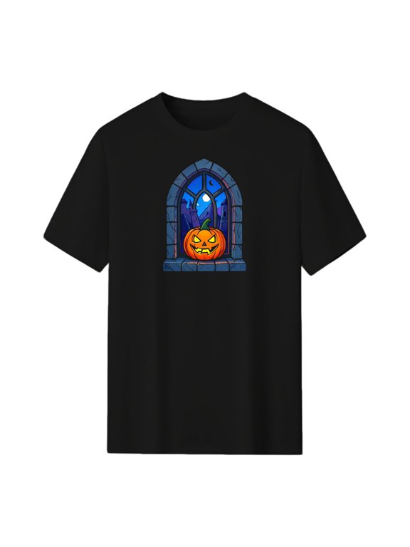 Scary Jack-O'-Lantern Peeking Out Castle Graphic Tee, Black