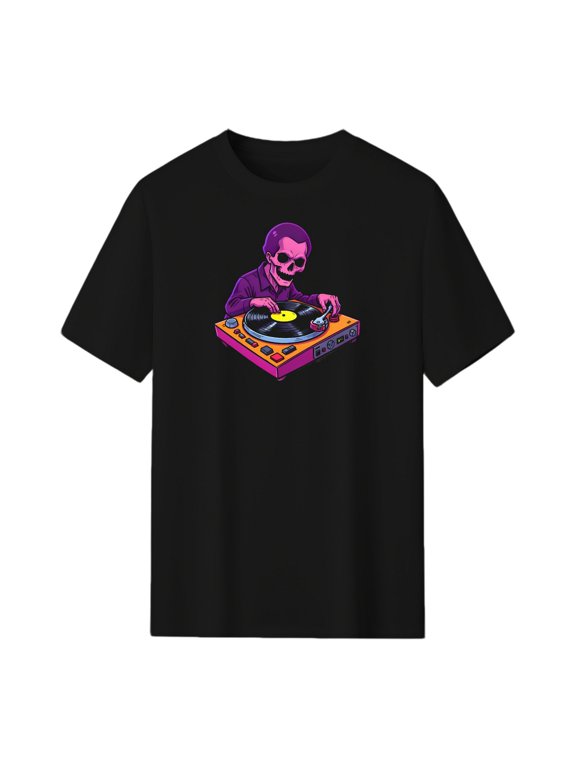 Skull DJ Turntable Halloween Graphic Tee, Black Unisex T-Shirt