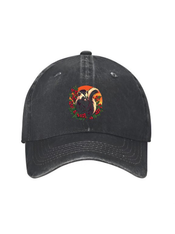 Skunk with Red Berries Baseball Cap, Washed Cotton Dad Hat