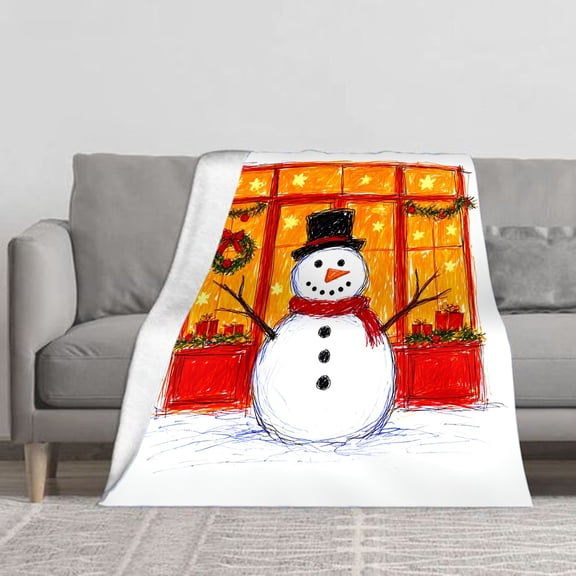 LNFAUEAPRINT Snowman in Front of Holiday Window Fleece Throw Blanket