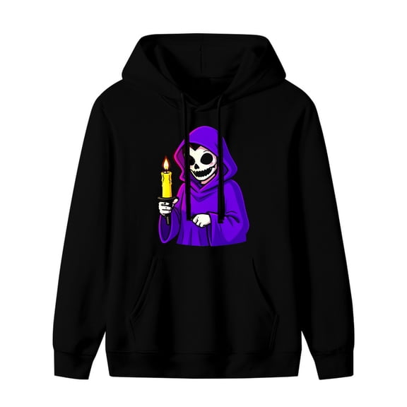 LNFAUEAPRINT Spooky Skeleton Candle Holder Halloween Graphic Hoodie, Black