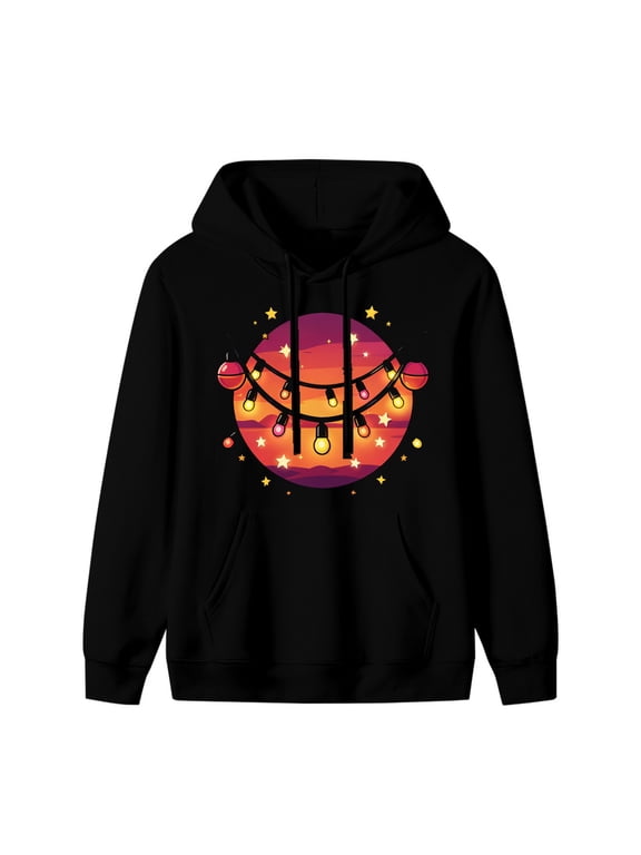 String Lights & Stars Graphic Hoodie, Black Unisex Pullover