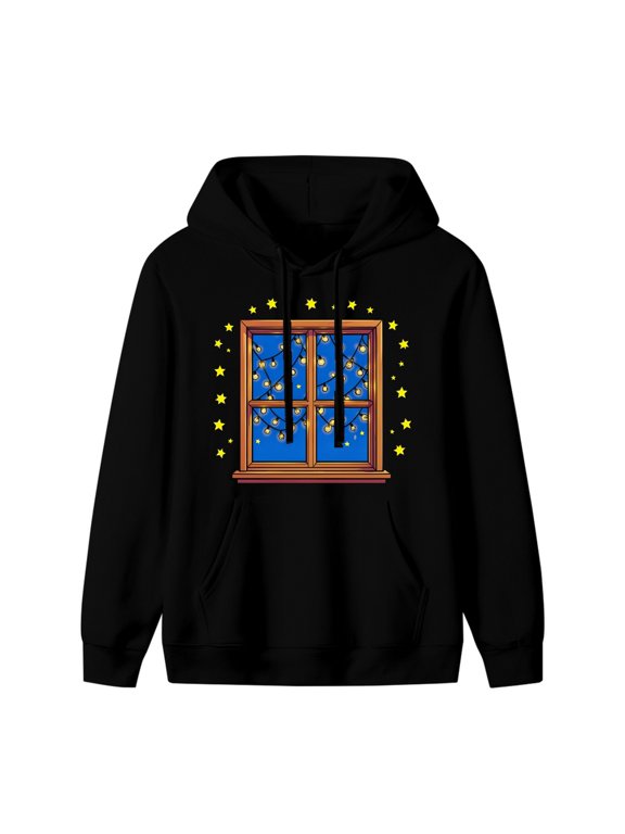 String Lights on a Window Graphic Hoodie, Black