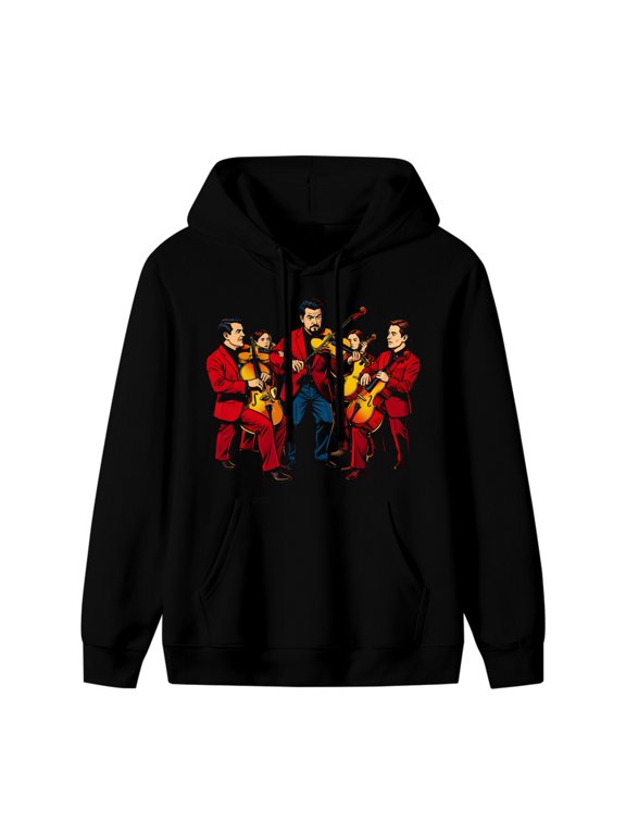 String Quartet Red Suit Graphic Hoodie, Black Unisex Pullover