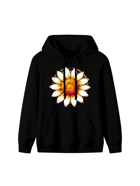 Sunflower Graphic Hoodie, Black Unisex Pullover Sweatshirt