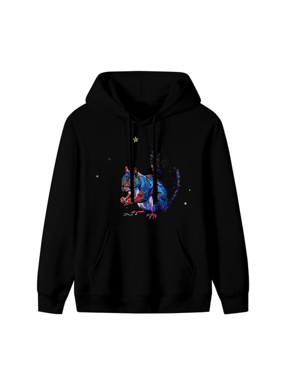 Surrealistic Squirrel Graphic Hoodie, Black Unisex Pullover