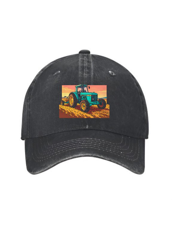 Teal Tractor Pulling Hay Rake Baseball Cap, Adjustable Dad Hat