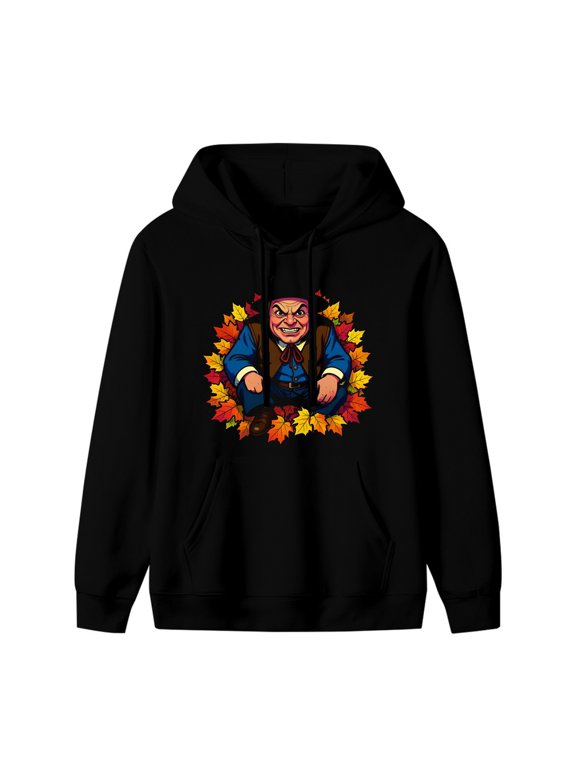 Troll in Pilgrim Suit Hiding Among Fall Graphic Hoodie, Black