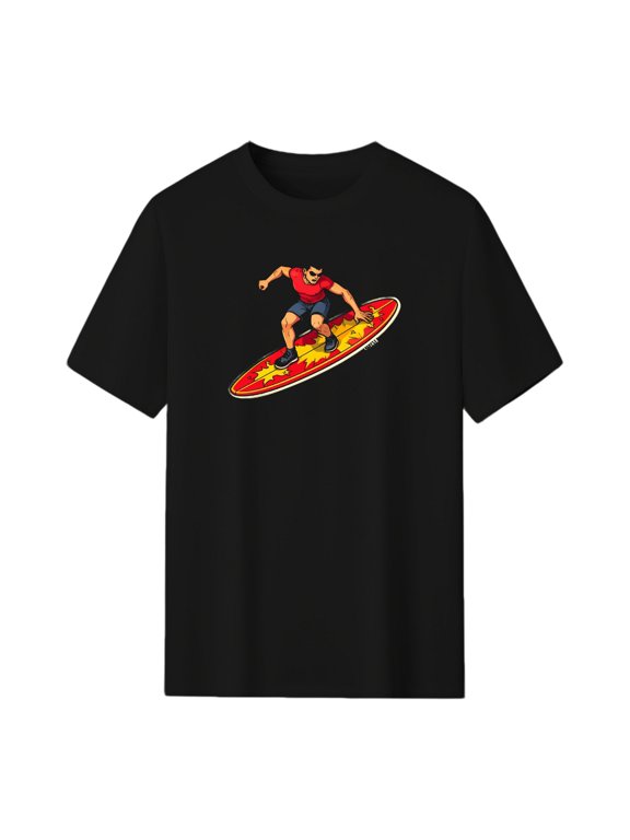 Vibrant Flame Surfboard Halloween Graphic Tee, Black