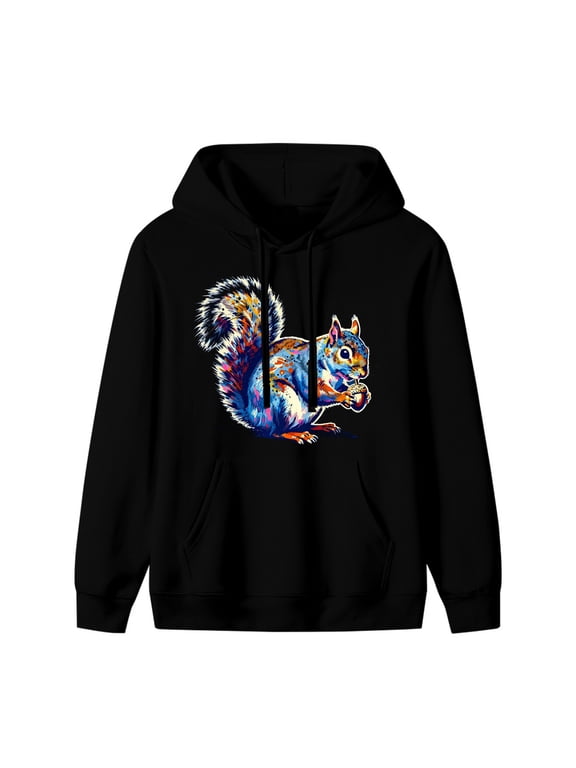 Vibrant Squirrel Graphic Hoodie, Black Unisex Pullover