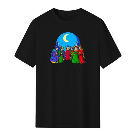 LNFAUEAPRINT Winter Moon Elves Graphic Tee, Black Unisex T-Shirt