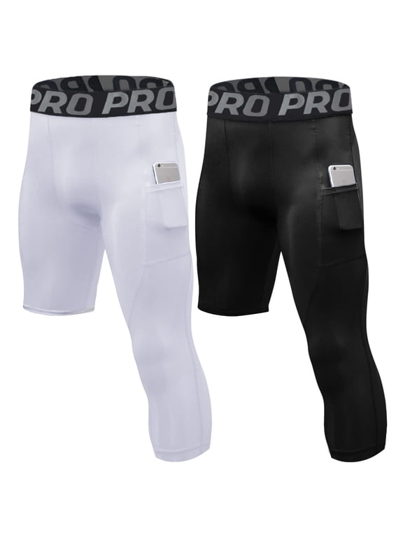 1 or 2 Pack One Leg Compression Tights for Basketball Mens 3/4 Capri Leggings Athletic Base Layer for Sports Running
