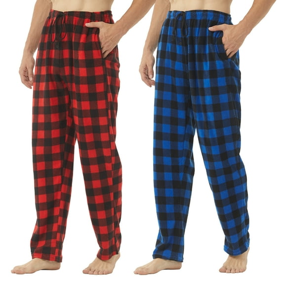 LNFINTDO 2 Pack Men's Fleece Pajama Pants Soft Warm Pj Pants for Men Plaid Pajama Pants Sleepwear Loungewear, Red & Blue Plaid, Large