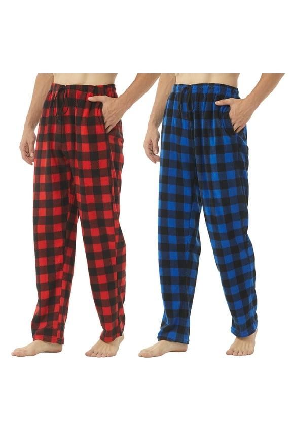 2 Pack Men's Fleece Pajama Pants Soft Warm Pj Pants for Men Plaid Pajama Pants Sleepwear Loungewear, Red & Blue Plaid, Large