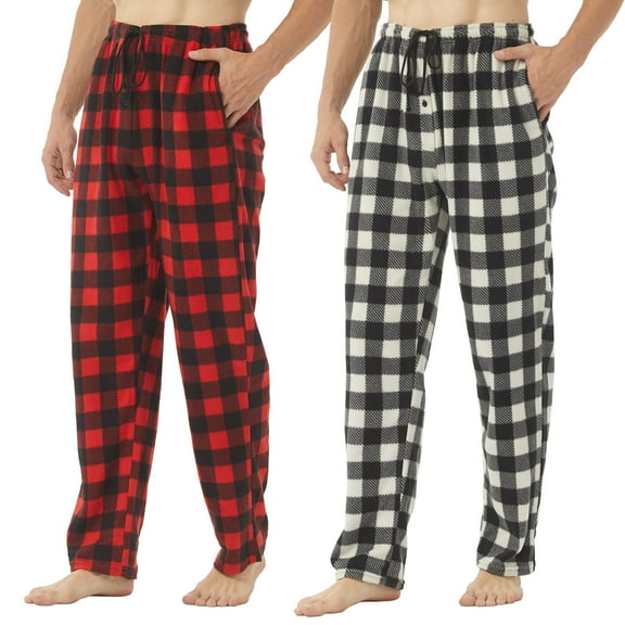 LNFINTDO 2 Pack Men's Fleece Pajama Pants Soft Warm Pj Pants for Men Plaid Pajama Pants Sleepwear Loungewear, Red & White Black, Large